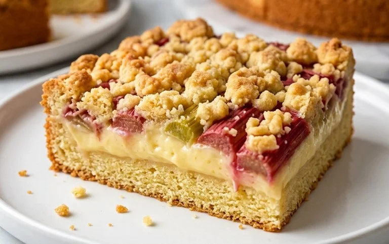 Rhabarberkuchen mit Pudding und Streuseln – wie von Oma